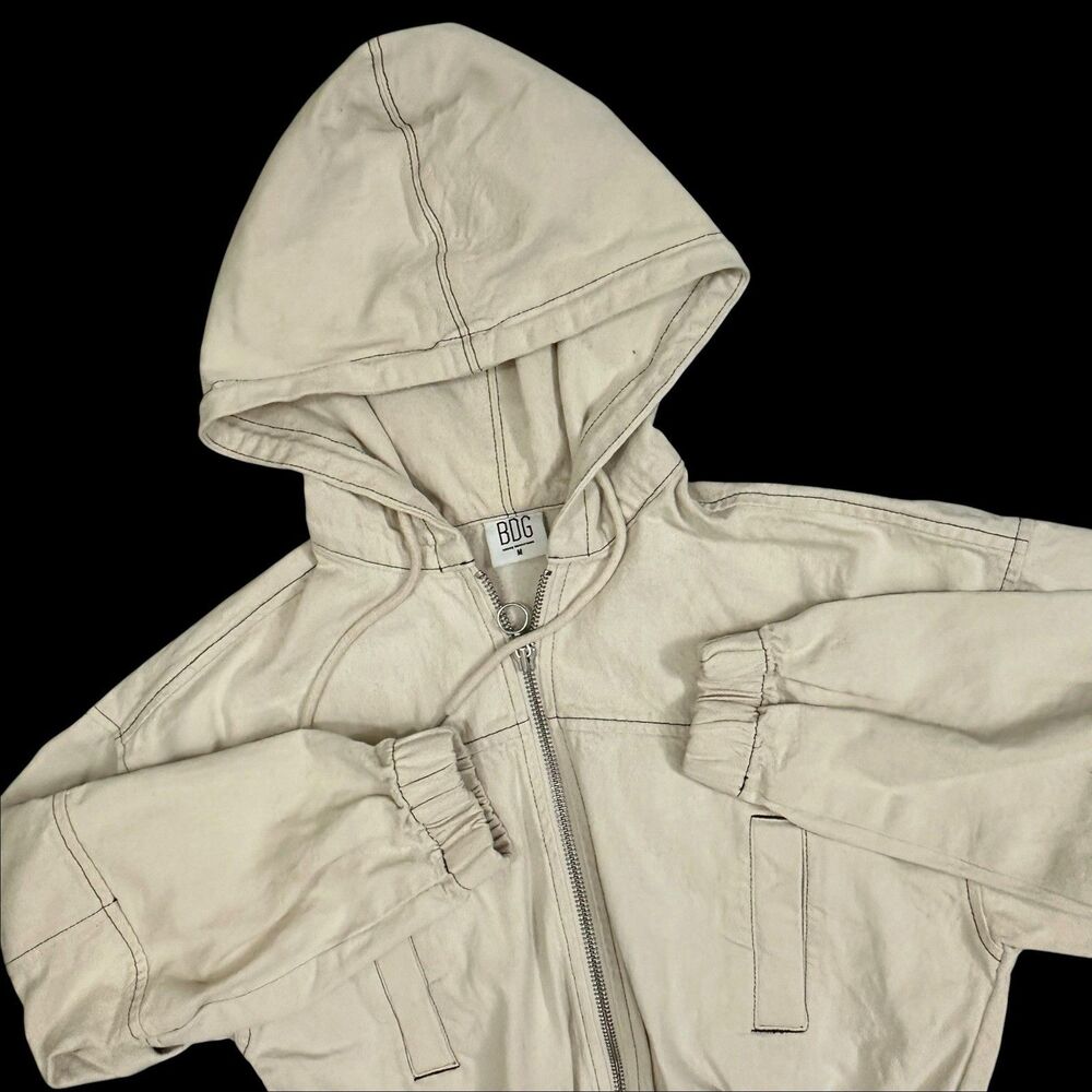 Y2K BDG Urban Outfitters Cream Denim Hooded Crop Jacket Women’s M Full Zip